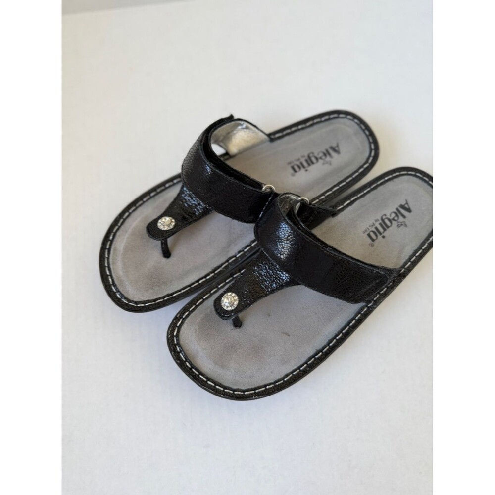 Alegria Black Leather T Strap Diamond Button Slip On Wedge Heel Support Sandals